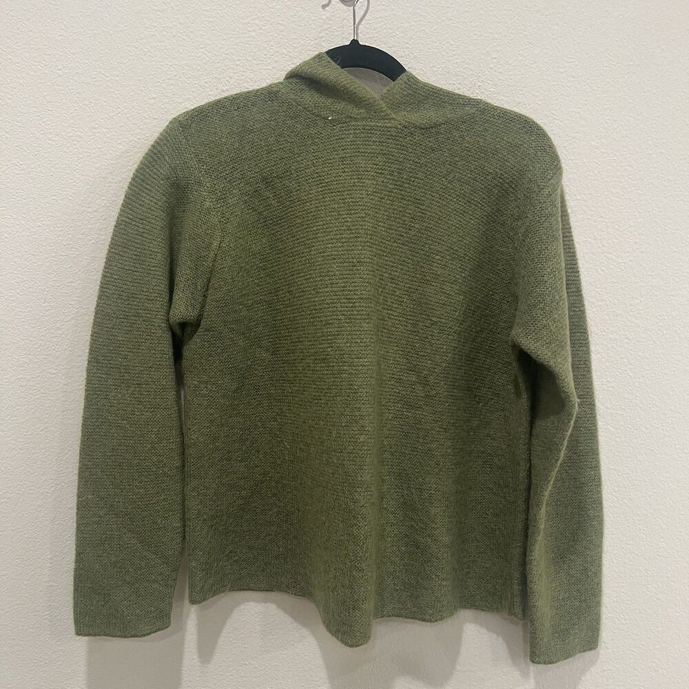 Eileen Fisher Green Wool Sweater With Hoodie Small Kid Mohair Blend Minimalist